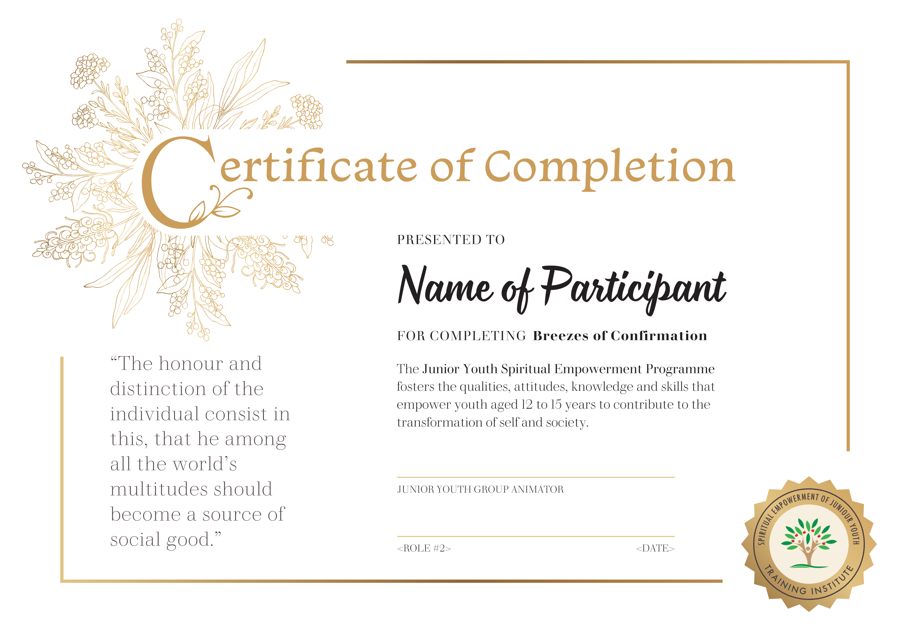 Junior Youth Group certificate, formal