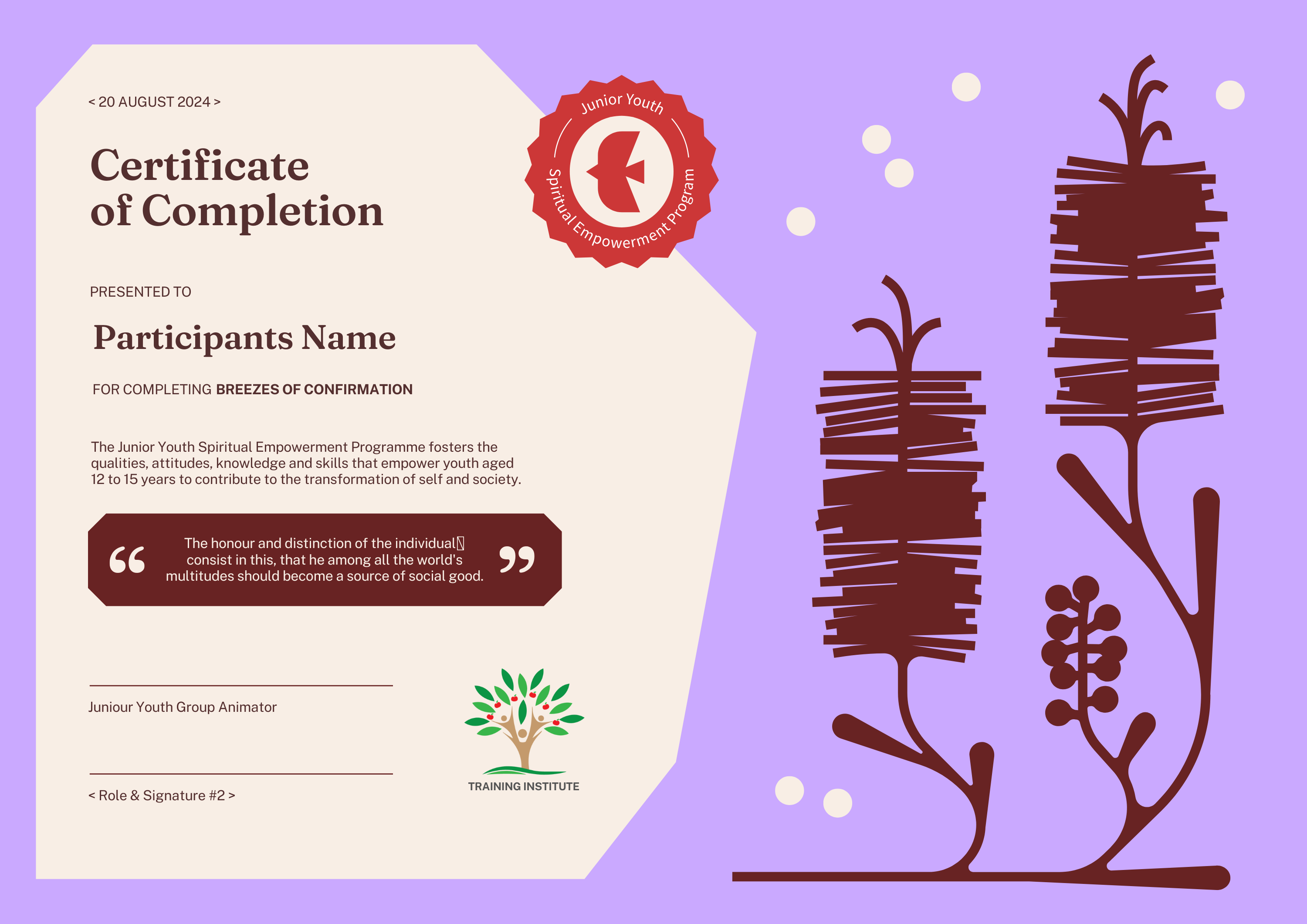 Junior Youth Group certificate, colourful