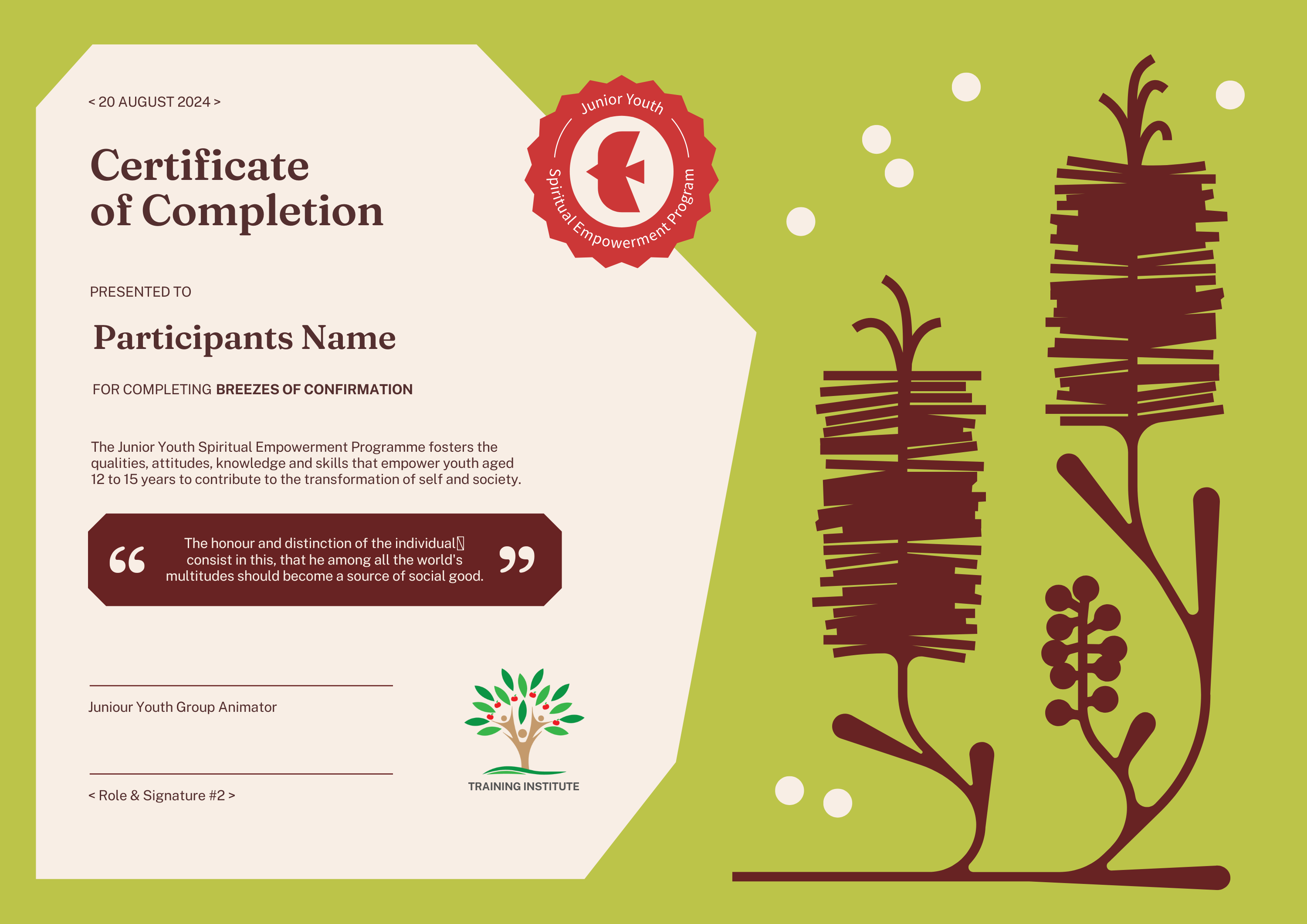 Junior Youth Group certificate, colourful